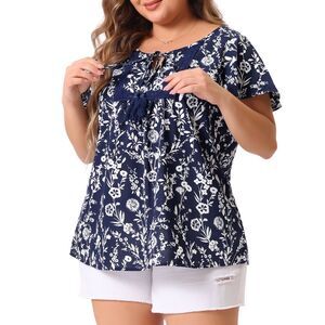 Plus Size Floral Chiffon Blouse Boho Bib V Neck Short Sleeve Tops Navy Blue